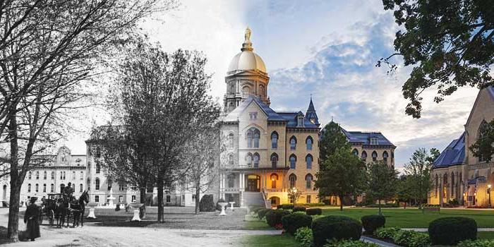 The main building is pictured—on the left side is a modern-day image of the building that fades into a black and white archival image of the building.
